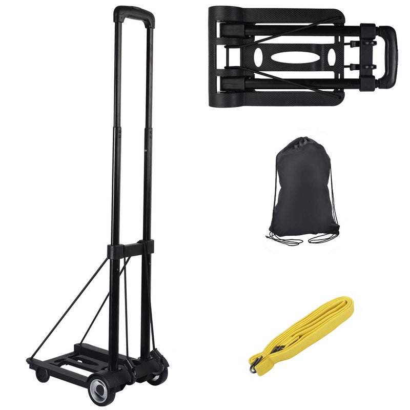 KINJOEK 25kg 55lbs Folding Hand Truck, Solid Construction Utility Cart for Luggage with 2 Oversized Wheels Bonus Bungee Cord, Collapsible, Lightweight and Compact Luggage Dolly Cart for Travel, Black - Image 1